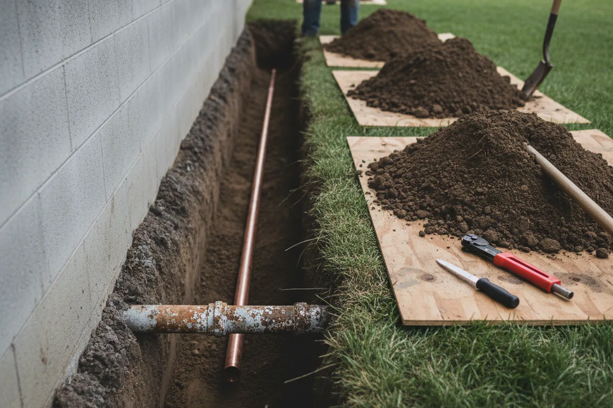 Excavated water line trench during Water Softener Installation in Montesano